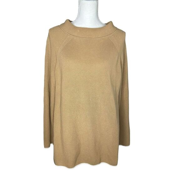Talbots Womens Mock Neck Tan Camel Tunic Sweater White Hem Pima Cotton Sz 1x NWT - Picture 1 of 7